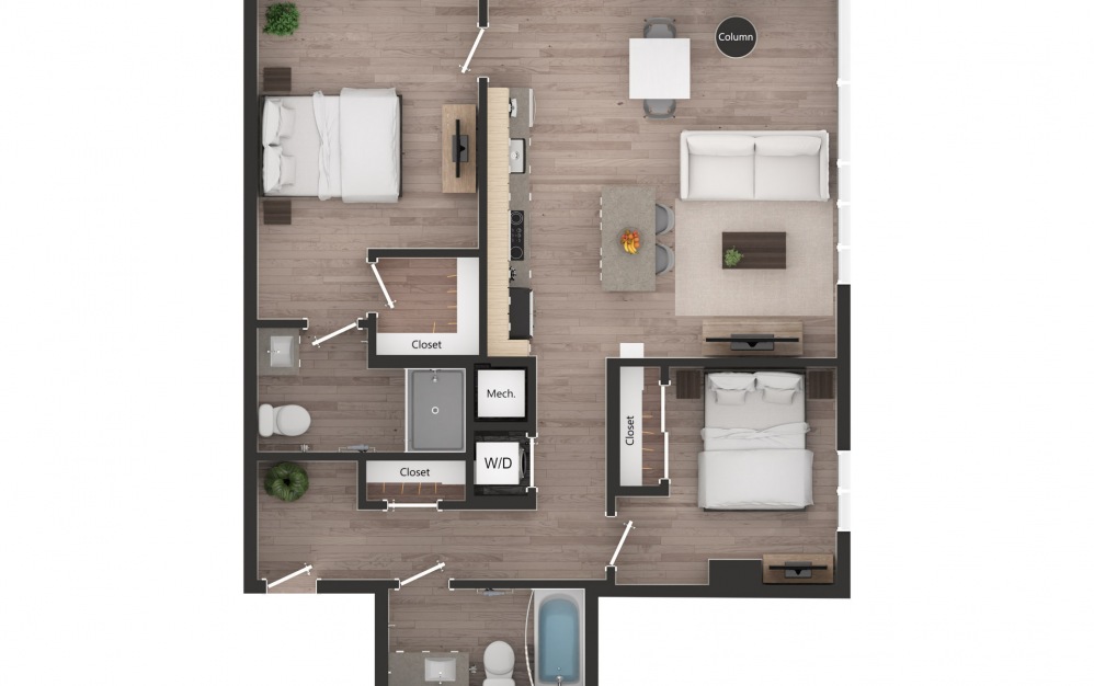2BD2c - 2 bedroom floorplan layout with 2 baths and 946 square feet.